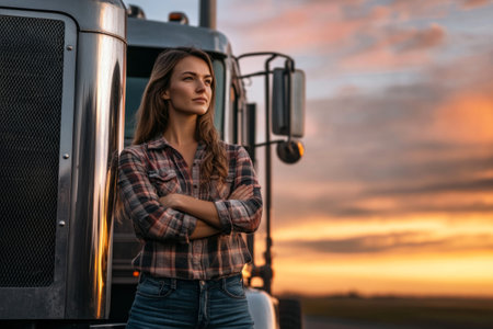 A full-body shot of a female truck driver standing confidently beside a semi-truck, arms crossed, wearing jeans and a flannel shirt, with a warm sunset casting a golden glowの素材