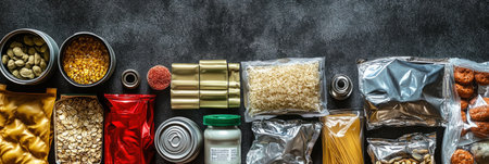 The survival food kit features packaged foods like biscuits, cereals, and rice, laid out in a top view for outdoor preparedness, bannerの素材
