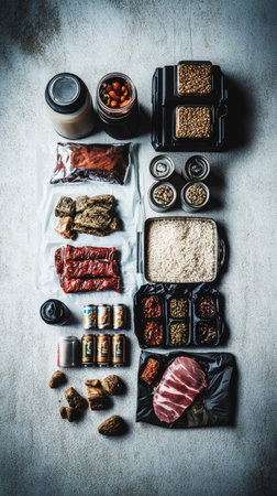 The emergency food kit contains canned meats, energy bars, and freeze-dried meals, perfect for outdoor survivalの素材