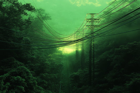 A long stretch of high-energy electric power lines cutting through a dense forest at twilight, blending industrial elements with cool green and grey tones, tranquil yet dynamicの素材