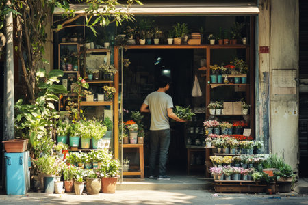 Outside a charming flower shop, a male seller organizes colorful floral baskets and pots of plants, creating a cozy and elegant seasonal arrangementの素材