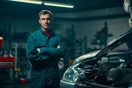 A male car mechanic stands confidently beside a car hood in a sleek, modern garage, surrounded by advanced tools, showcasing professionalism and skillの素材