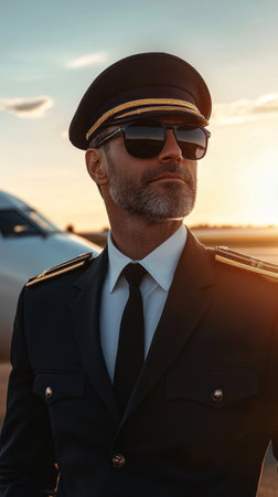 Confident male airline captain, skilled and composed, standing beside a sleek passenger airplane on the tarmac, showcasing aviation expertiseの素材