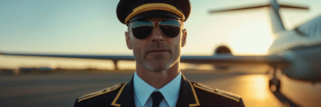 In cinematic realism, a male airline captain stands authoritatively next to a passenger airplane, radiating professionalism and confidence, bannerの素材