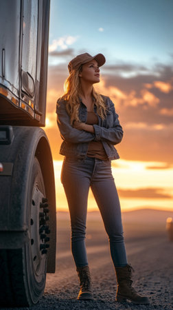 A determined female truck driver posed beside her semi-truck, arms folded, dressed in casual jeans and a flannel shirt, with a serene sunset as the backdropの素材