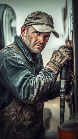 The driver, in work gloves and a trucker hat, refuels his truck at a roadside stop, maintaining his vehicle for the road aheadの素材
