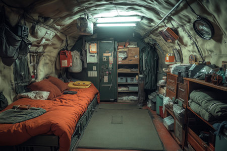 A reinforced private bomb shelter designed for households, featuring survival kits, communication devices and protective suits, secure and meticulously equipped for emergenciesの素材
