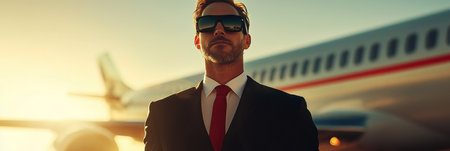 In cinematic realism, a male airline captain stands authoritatively next to a passenger airplane, radiating professionalism and confidence, bannerの素材