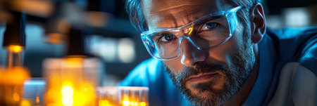 In a state-of-the-art laboratory, an experienced male scientist carefully studies a glowing test tube, the room filled with high-tech instruments and a sense of discovery, bannerの素材