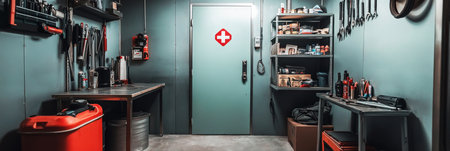 A modern and resilient bomb shelter designed for private use, showcasing tidy arrangements of critical survival tools and gear, secured by a robust steel door, bannerの素材
