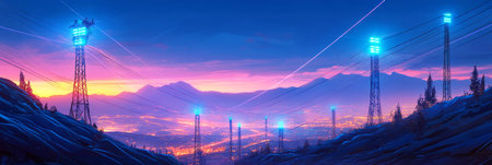 Electric pylons in digital art style, with vivid glowing lines and arcing blue sparks spanning a mountainous backdrop, evoking a charged imaginative energy, bannerの素材