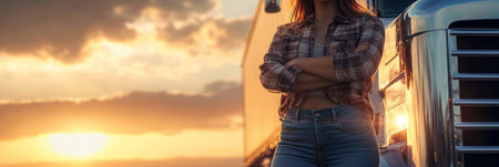 A proud and resilient female truck driver, standing tall next to a large semi-truck, arms crossed, flannel shirt and jeans complementing the warm hues of a sunset-lit scene, bannerの素材