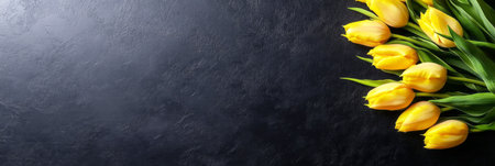 Yellow tulips arranged in a lush bouquet, set against a clean black plain background, offering a minimalist design perfect for a holiday mockup with plenty of space, bannerの素材