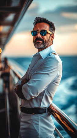 A composed and authoritative male cruise ship captain on the bridge of a luxury cruise liner, guiding the vessel through the seaの素材