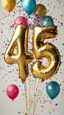 A radiant gold foil 45 balloon paired with shimmering gold balloons and colorful confetti, creating an exciting and glamorous atmosphere for event banners celebrating a 45th anniversaryの素材