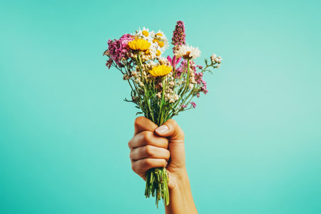 A raised fist holding a bunch of wildflowers, symbolizing ecological activism, exuding strength and inspiration, ideal for promoting environmental causes and sustainability awarenessの素材