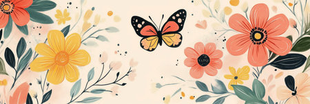 A vibrant spring scene with hand-drawn flowers and butterflies, filled with whimsical details and soft pastel hues, capturing a playful essence, bannerの素材
