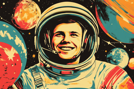 A retro-styled poster featuring a smiling astronaut with planets and stars, celebrating Cosmonautics Day perfect for honoring the first human in spaceの素材