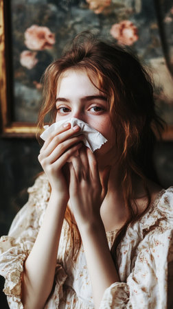 A young girl uses a handkerchief to blow her nose, with a calm expression, showing care and hygiene while managing cold symptoms, highlighting health awarenessの素材