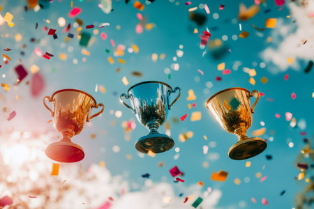 Gold, silver, and bronze winner cups gleaming triumphantly in a vibrant sky filled with colorful confetti, creating a dynamic, celebratory atmosphere for award themesの素材