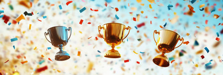 The gleaming gold, silver, and bronze cups float triumphantly in a vibrant sky filled with confetti, capturing the essence of victory and celebration in radiant, shiny visuals, bannerの素材