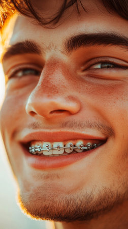 A youthful, cheerful guy with braces and a confident expression, captured in vibrant, natural style, perfect for orthodontic and dental care contentの素材