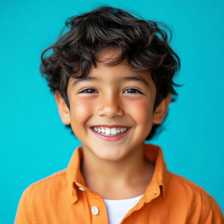 A cheerful Hispanic boy with a joyful expression on a pastel background, perfect for advertising visuals and commercial photographyの素材