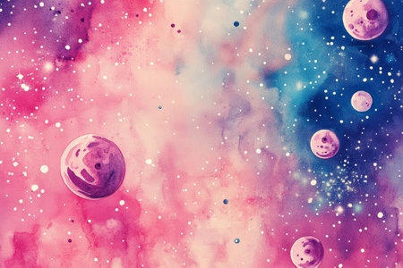 A hand-drawn watercolor illustration of kid space, featuring planets stars, and rockets, capturing the essence of children creativity and imaginationの素材