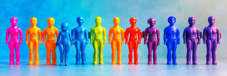 A creative set of colorful toy figures, perfectly aligned, highlighting unity and diversity, with a joyful and dynamic composition that represents harmony and teamwork in action, bannerの素材