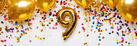 A shimmering gold foil 9 balloon with colorful confetti and elegant gold balloons, offering a festive, dynamic design, perfect for event marketing and milestone celebrations, bannerの素材