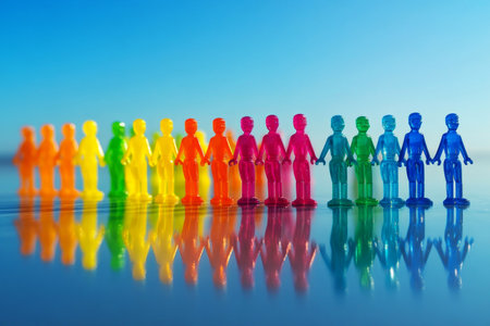 Brightly colored toy figures arranged in a precise lineup, each figure showcasing unique features, embodying a message of unity and diversity, perfect for representing collaboration and inclusionの素材