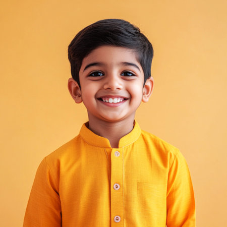 A cheerful Hindu boy with a bright smile, captured in vibrant portrait style on a pastel plain background, ideal for marketing and advertising visualsの素材