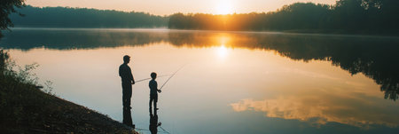 A father and child enjoying a peaceful fishing trip at a serene lake, with the warm sunrise sky reflected in the calm water, creating a nostalgic mood ideal for a Father Day adventure, bannerの素材