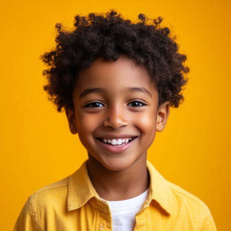 A smiling Afro American boy, 8-10 years old, stands in front of a colorful plain background, perfect for a lively and engaging advertising styleの素材