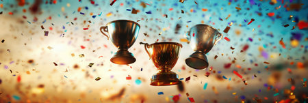 The gleaming gold, silver, and bronze cups float triumphantly in a vibrant sky filled with confetti, capturing the essence of victory and celebration in radiant, shiny visuals, bannerの素材