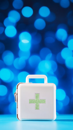 A first aid kit placed against a calming blue background, capturing a professional medical style with clean, simple visuals that promote reliability, ideal for health and safety awareness materialsの素材