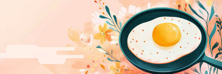 A cheerful frying pan with a single egg, sunny and bright, perfect for capturing the essence of cooking joy, suitable for food-related content, websites, or design projects, bannerの素材