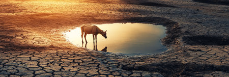 A lone animal by a shrinking waterhole, surrounded by cracked soil and dusty air, reflects the harsh reality of drought effect on wildlife, illuminated by the warm, bannerの素材