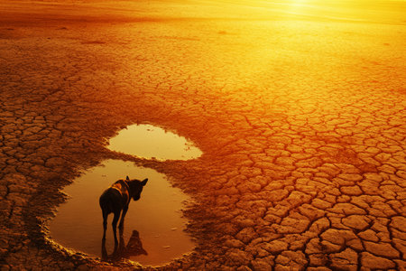 A lone animal stands near a shrinking waterhole, surrounded by cracked soil and a dusty atmosphere, captured in golden hour lighting, evoking a poignant, reflective moodの素材