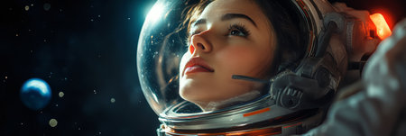 Pin-up banner from the 1950s, showcasing a woman astronaut in a white spacesuit, floating in zero gravity with a clean backdrop of Earth sparkling stars, blending vintage charm and cosmic adventureの素材