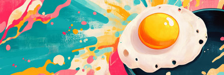 A cheerful frying pan with a single egg, sunny and bright, perfect for capturing the essence of cooking joy, suitable for food-related content, websites, or design projects, bannerの素材