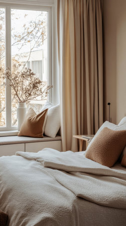 A chic bedroom retreat with contemporary decor, a plush bed, and a cozy reading nook near a sunlit window, offering a serene and elegant ambianceの素材
