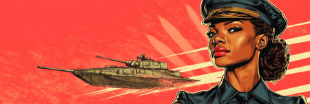 Patriotic poster featuring Afroamerican tanker in uniform, striking a confident pose before a tank, blending style, grit, and national pride, bannerの素材
