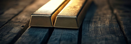 Gold bars sit on dark wood with matte depth and subtle light, captured in still product style for premium and elegant finance settings, bannerの素材