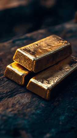 Neatly stacked gold bars on dark wood with moody light, styled for rustic product shots that highlight texture, shine, and wealthの素材