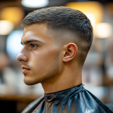 A young European man in profile sits in a barber shop chair as he receives a stylish haircut.の素材
