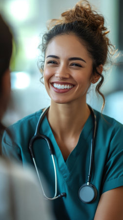 A nurse gently checks a smiling patient, captured in a close-up with soft lighting, showcasing the compassion and trust shared during care in a bright hospital roomの素材