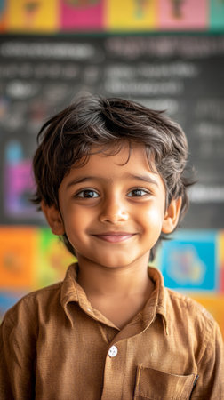 A cheerful Hindu boy, about 10 years old, showcases his bright smile in a lively classroom filled with colorful art and learning materials around himの素材