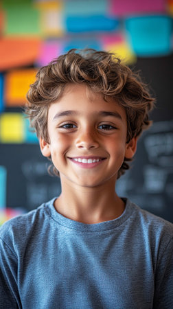 A smiling Hispanic boy around 10 years old displays happiness in a vibrant classroom filled with colorful decorations. His cheerful demeanor captures the excitement of learningの素材