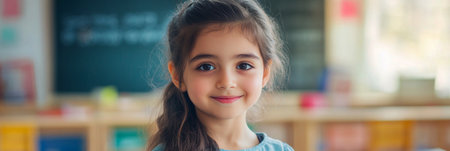 Smiling Arabian girl with dark hair turned halfway, gazing into the lens in a sunlit classroom with a chalkboard in the background, bannerの素材